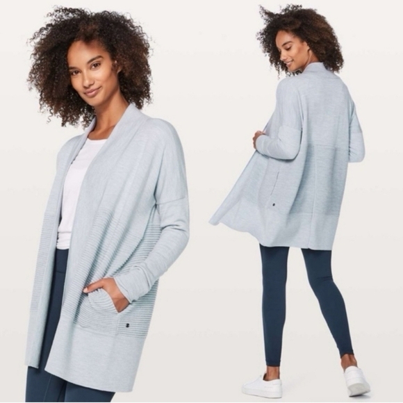 Lululemon Sit In Lotus Wrap II Merino Wool Ice Blue Gray Heather Cardigan Sz 6 - Picture 2 of 10